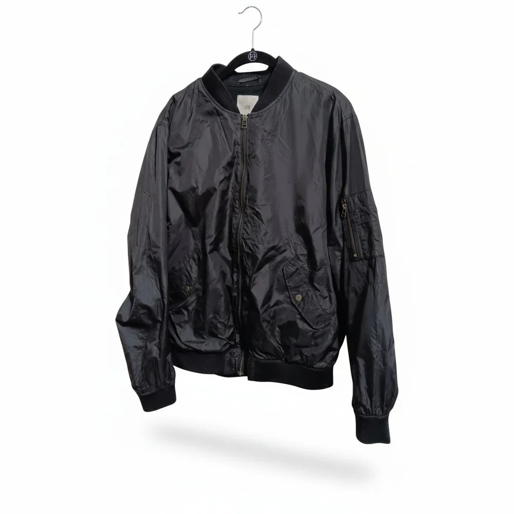 H&M Nylon Bomber Jacket with front Snap Flap Pockets, Inner Pocket Ribbed Hem